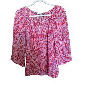 Trina Turk Top Womens Small Multicolor Artsy Print Silk Blend Sheer Blouse